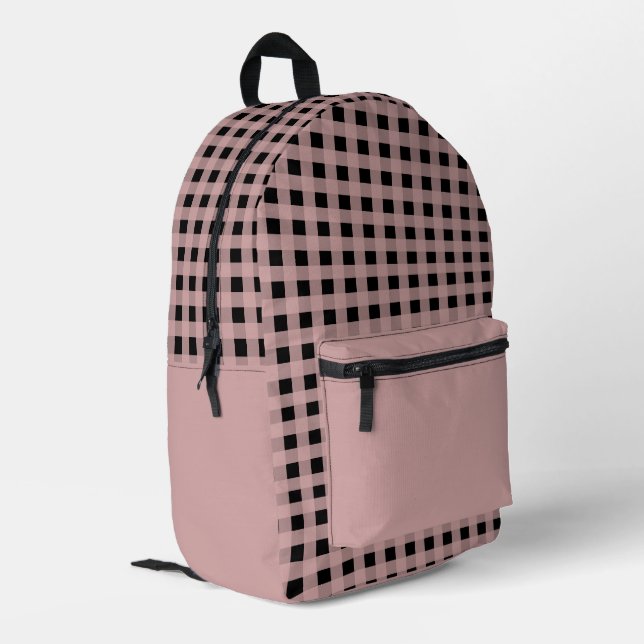 Elegant Muted Pink and Black Plaid Pattern Printed Backpack (Back Corner Left)
