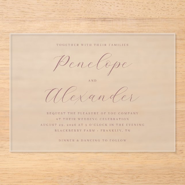 Elegant Muted Rose Calligraphy Acrylic Invitations (Front)