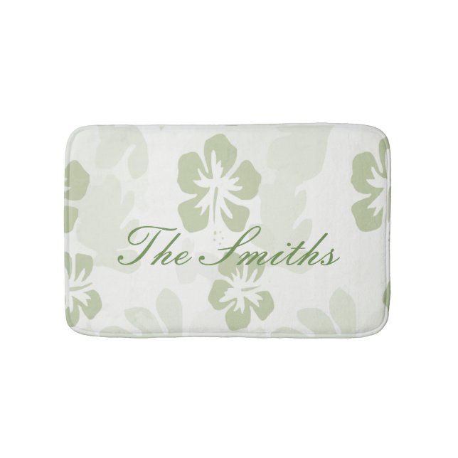 Elegant Muted Sage Hibiscus Pattern  Bath Mat (Front)