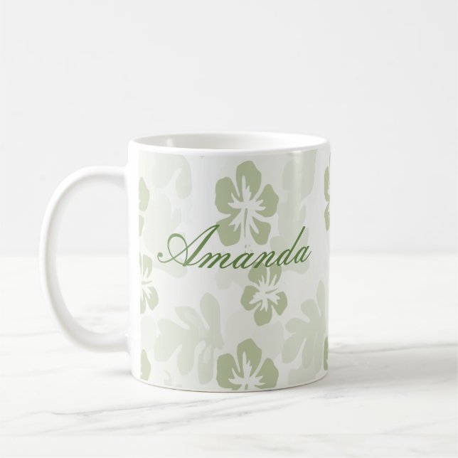 Elegant Muted Sage Hibiscus Pattern Coffee Mug (Left)