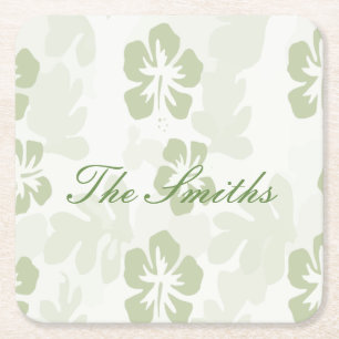 Elegant Muted Sage Hibiscus Pattern Square Paper Coaster