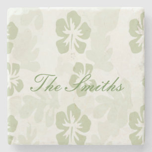 Elegant Muted Sage Hibiscus Pattern Stone Coaster