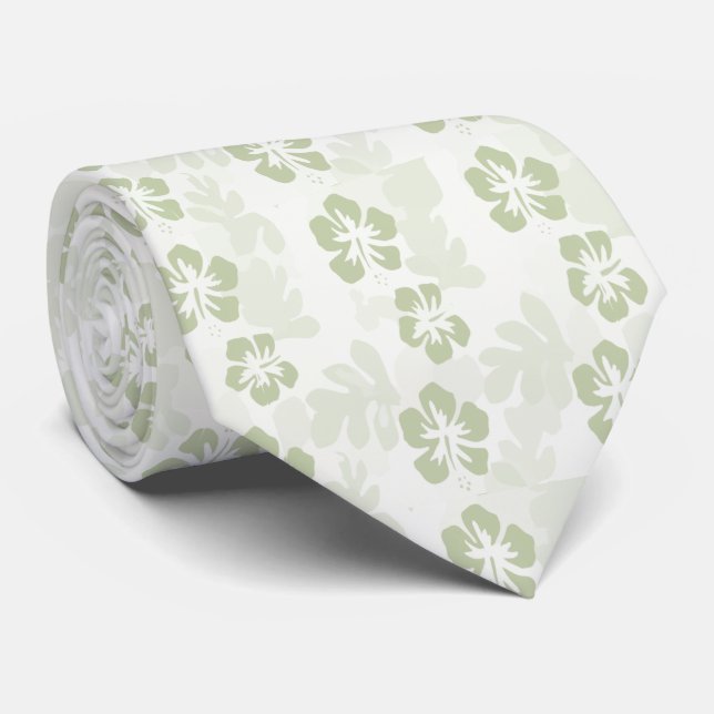 Elegant Muted Sage Hibiscus Pattern  Tie (Rolled)