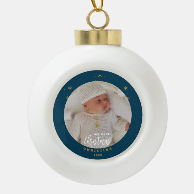 Elegant My First Christmas Baby's Photo  Ceramic Ball Christmas Ornament (Front)