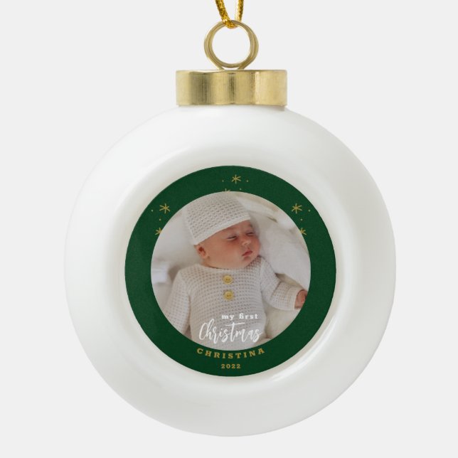 Elegant My First Christmas Baby's Photo  Ceramic Ball Christmas Ornament (Front)