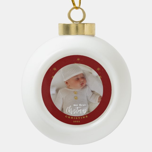 Elegant My First Christmas Baby's Photo  Ceramic Ball Christmas Ornament (Front)