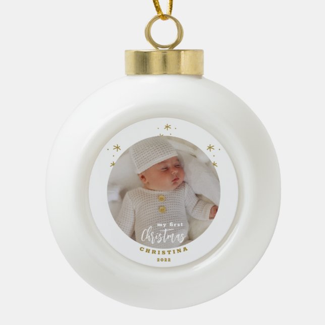 Elegant My First Christmas Baby's Photo  Ceramic Ball Christmas Ornament (Front)