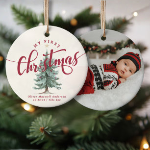 Elegant My First Christmas Tree Script Baby Photo Ceramic Tree Decoration