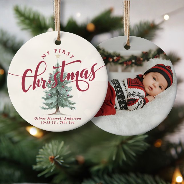 Elegant My First Christmas Tree Script Baby Photo  Ceramic Tree Decoration (Creator Uploaded)