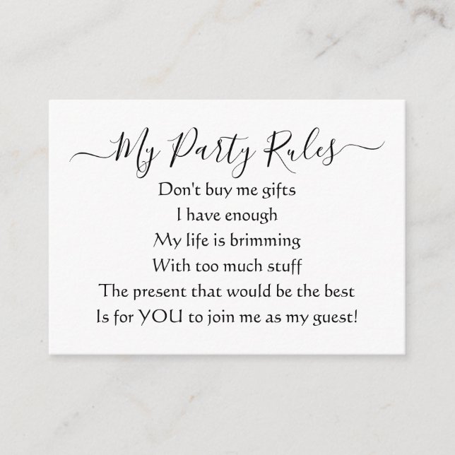 Elegant My Party No Gifts Poem Enclosure Card (Front)