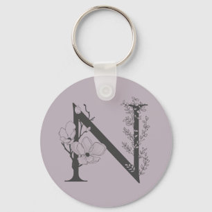 Elegant N Boho Floral Monogram Initial Lilac Grey Key Ring