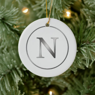 Elegant 'N' Monogram Noel Silver Line Border  Ceramic Tree Decoration