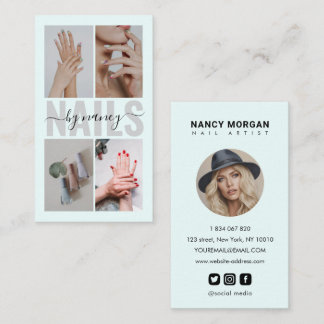 Elegant Nail Artist Typography Photo Collage Blue  Business Card