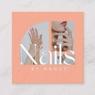 Elegant Nail Salon Photo Collage Peach Square Business Card