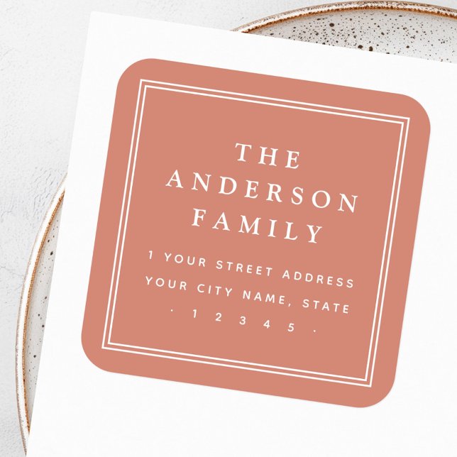 Elegant name border terracotta return address square sticker (Elegant name border terracotta return address square sticker)