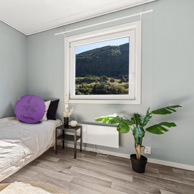 Elegant name botanical line black lavender  round cushion (Creator Uploaded)