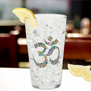 Elegant Name, Colorful Botanical Om Symbol 16oz Glass