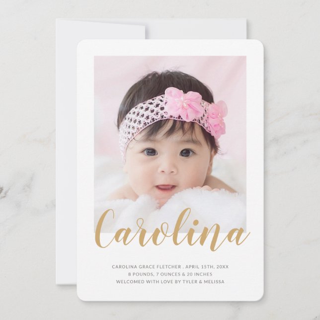 Elegant Name Floral Pattern Photo Birth Announcement (Front)