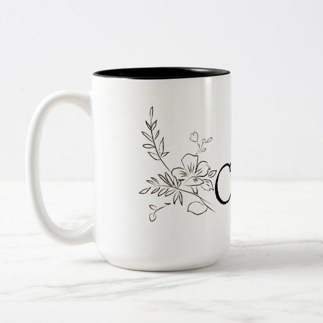 Elegant name flower line black white  Two-Tone coffee mug (Left)