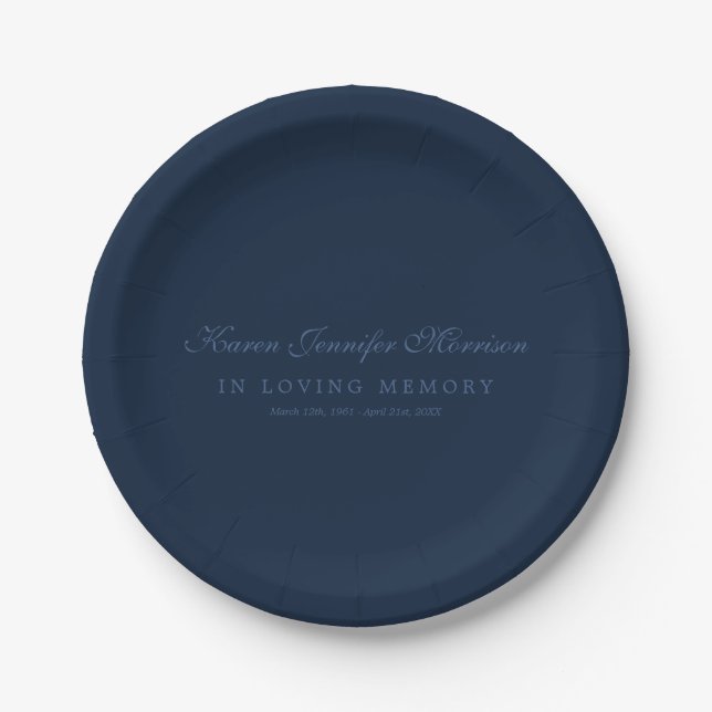 Elegant Name In Script Navy Blue In Loving Memory Paper Plate (Front)