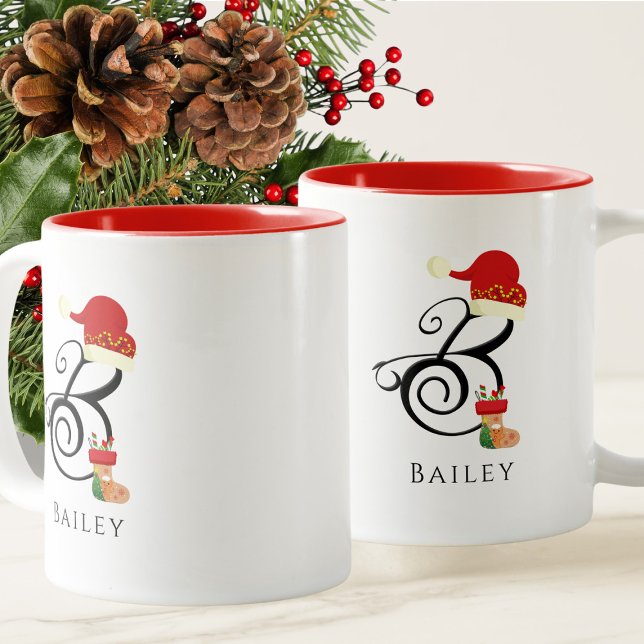 Elegant Name Initial Script Letter B Christmas Two-Tone Coffee Mug (Creator Uploaded)