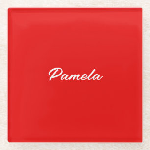 Elegant Name Minimalist Classical Warm Red Glass Coaster