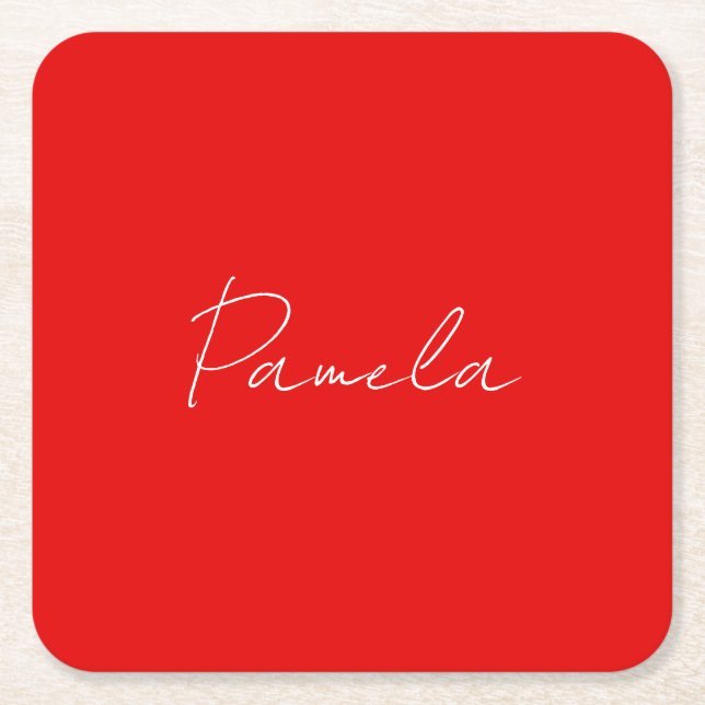 Elegant Name Minimalist Classical Warm Red Square Paper Coaster (Front)