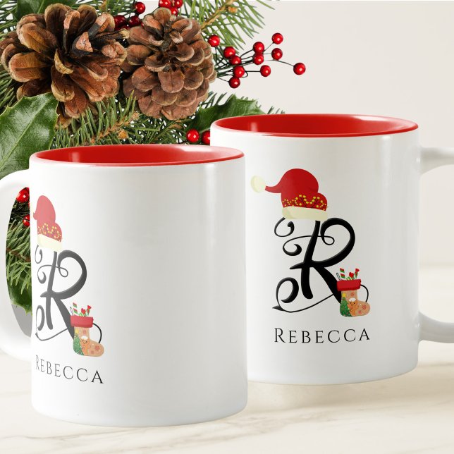 Elegant Name Modern Script All Letter R Christmas Two-Tone Coffee Mug (Creator Uploaded)