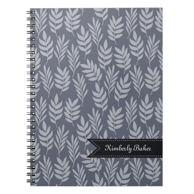 Elegant Name Modern Slate Grey Leaves Pattern Notebook (Front)