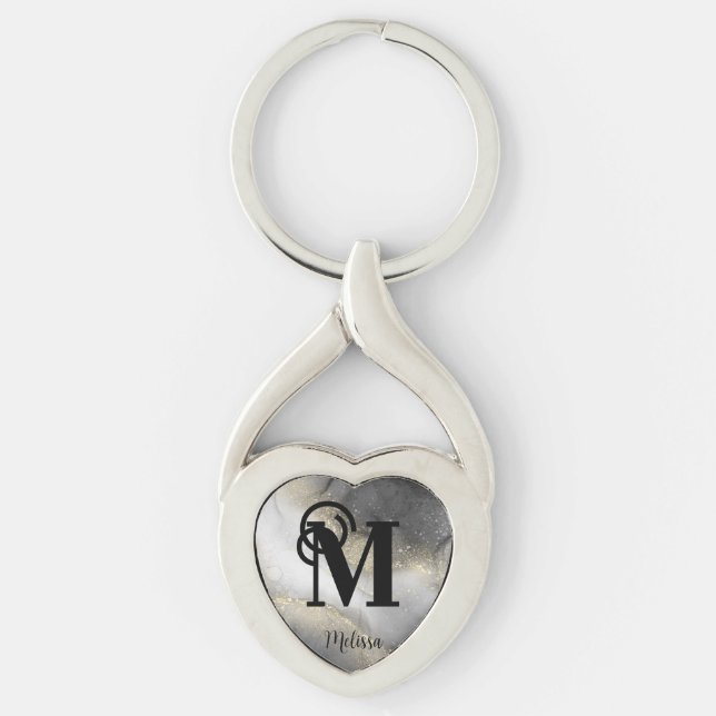 Elegant Name Monogram Black and Gold  Key Ring (Front)