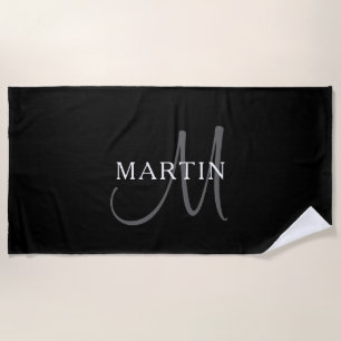 Elegant Name Monogram   Black White & Grey Beach Towel