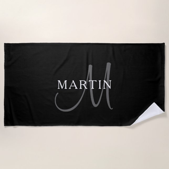 Elegant Name Monogram | Black White & Grey Beach Towel (Front)