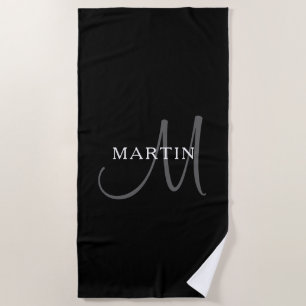 Elegant Name Monogram   Black White & Grey Beach Towel