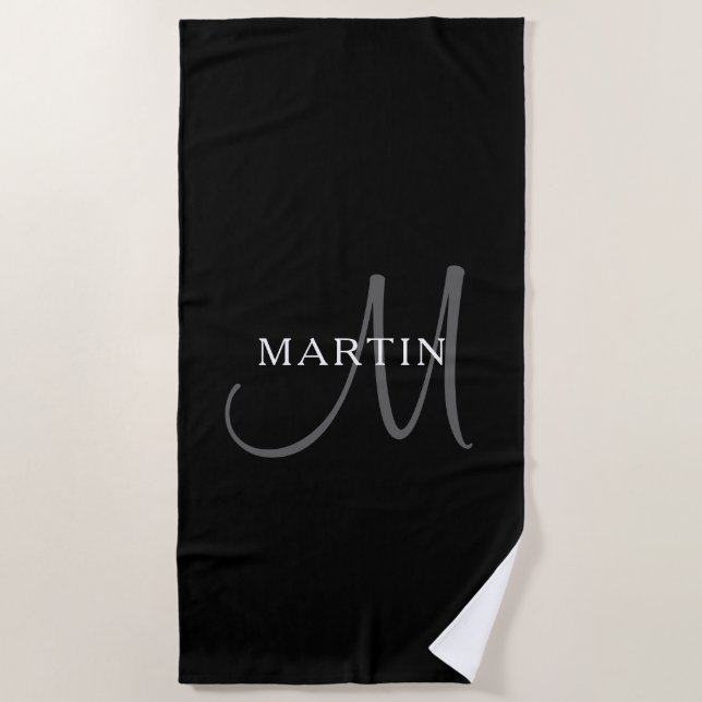 Elegant Name Monogram | Black White & Grey Beach Towel (Front)