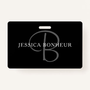 Elegant Name Monogram   Black White & Grey ID Badge