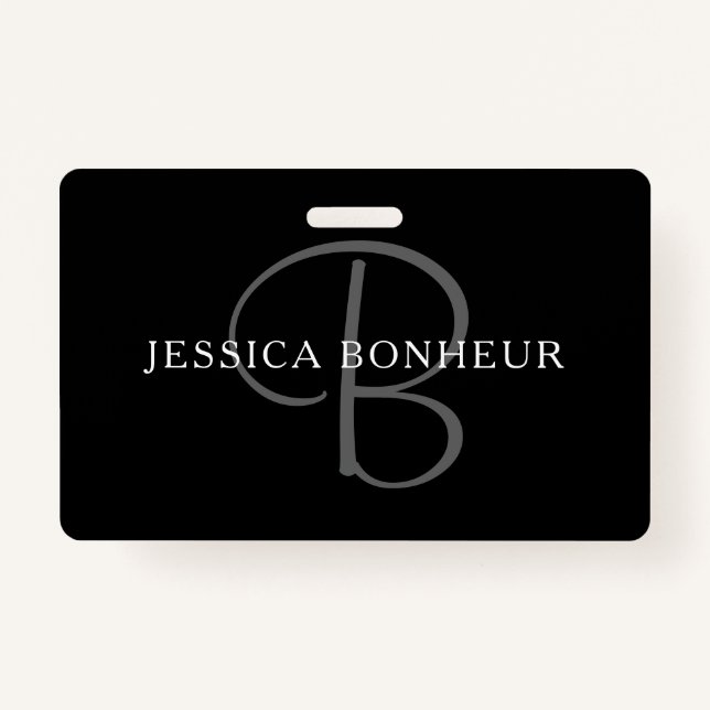 Elegant Name Monogram | Black White & Grey ID Badge (Front)