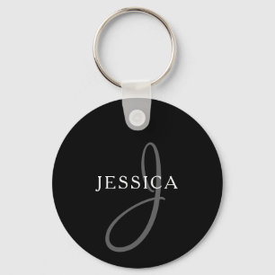 Elegant Name Monogram   Black White & Grey Key Ring