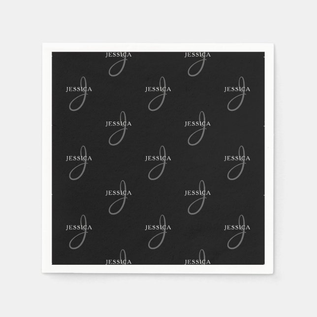 Elegant Name & Monogram | Black, White & Grey Napkin (Front)