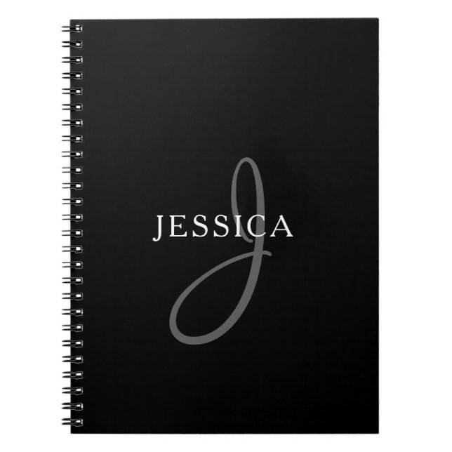 Elegant Name Monogram | Black White & Grey Notebook (Front)