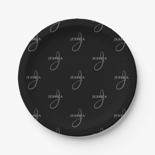 Elegant Name & Monogram | Black, White & Grey Paper Plate (Front)