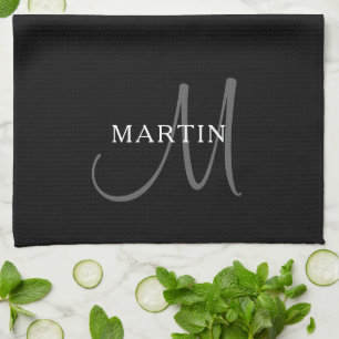 Elegant Name Monogram   Black White & Grey Tea Towel