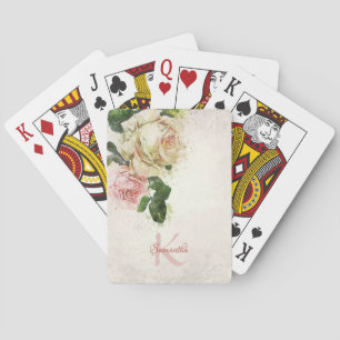 Elegant Name Monogram Blush Pink Watercolor Roses Playing Cards