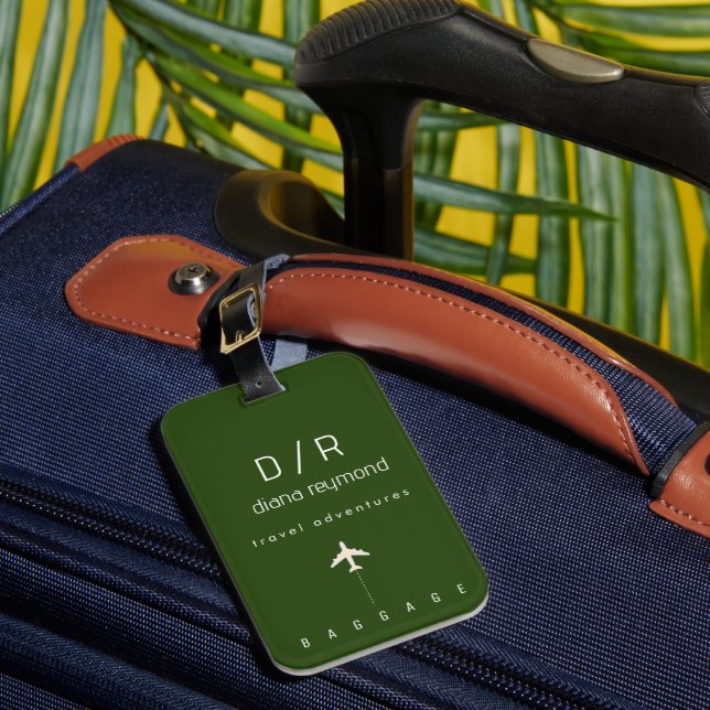 Elegant Name Monogram Dark Green Luggage Tag (Front Insitu 1)