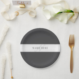 Elegant Name & Monogram   Dark & Light Grey  Paper Plate