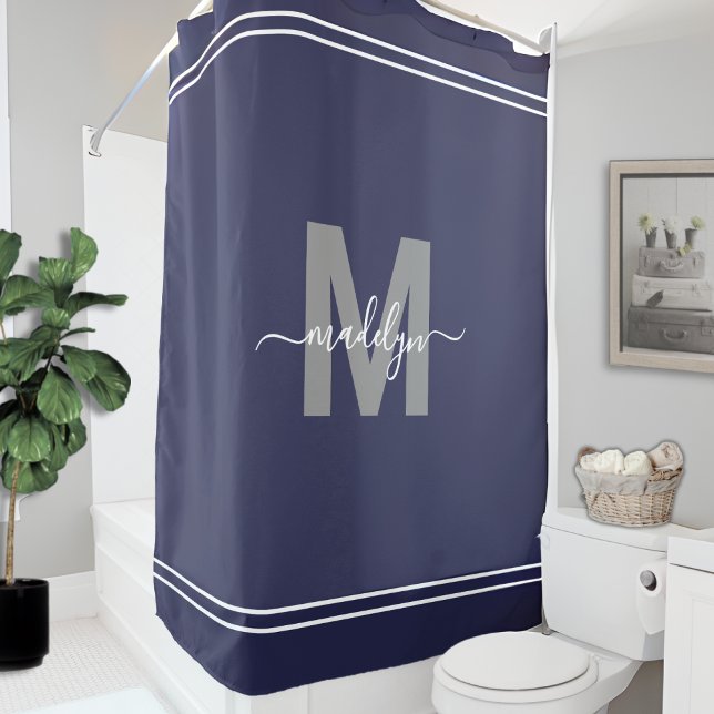Elegant Name Monogram Navy Blue Shower Curtain (Elegant Name Monogram Navy Blue Shower Curtain)