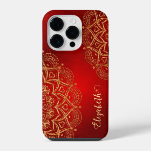 Elegant Name Monogram Red and Gold Mandala iPhone 14 Pro Case