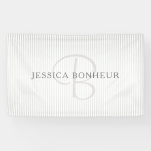 Elegant Name Monogram & Thin Grey Ombre Stripes Banner