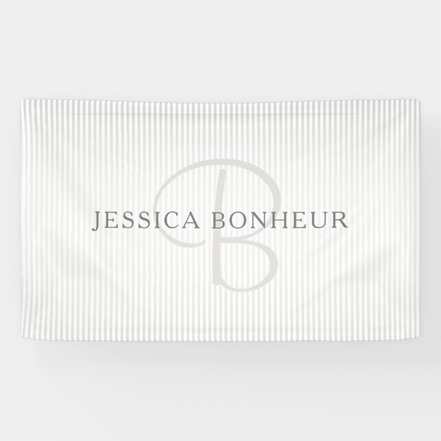 Elegant Name Monogram & Thin Grey Ombre Stripes Banner (Horizontal)