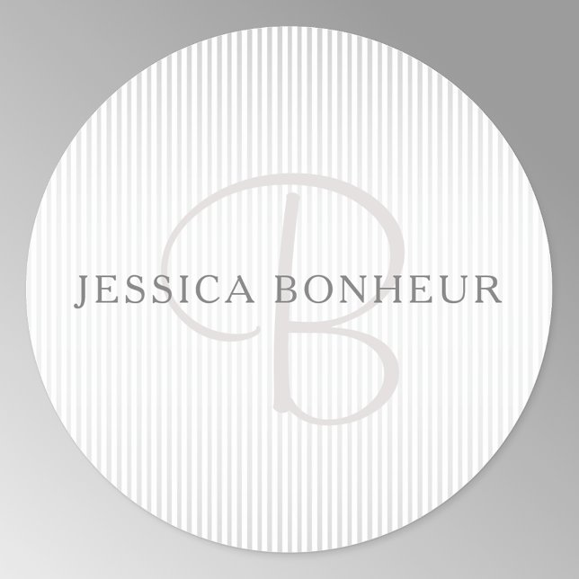 Elegant Name Monogram & Thin Grey Ombre Stripes Classic Round Sticker (Creator Uploaded)