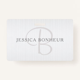 Elegant Name Monogram & Thin Grey Ombre Stripes ID Badge